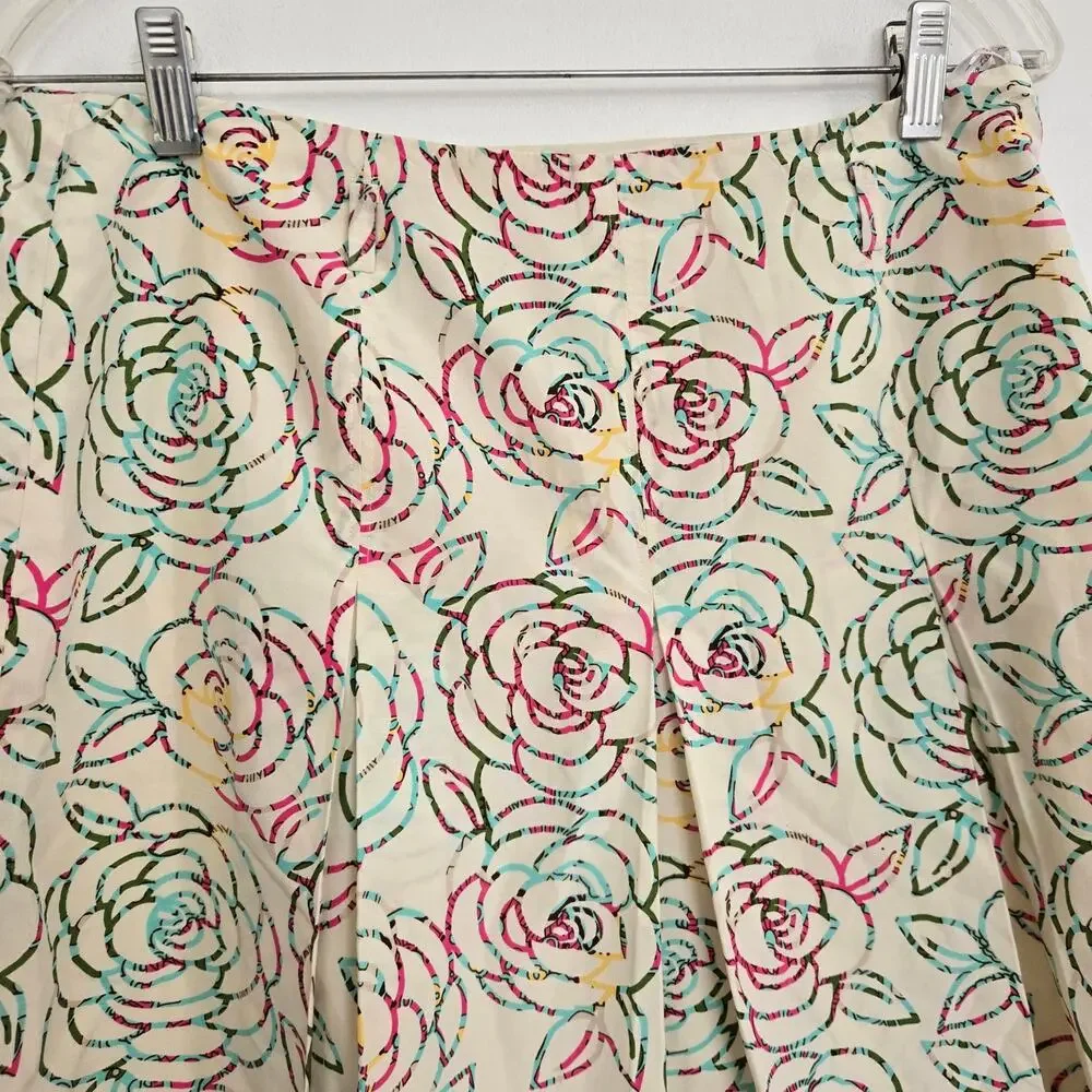 Vintage 90s Lilly Pulitzer Silk Skirt Floral Spring Pleated Claire Ivory Women 8